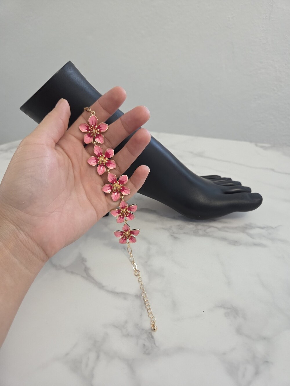 Pink Floral Enamel Gold Tone Anklet Statement Beach Jewelry - Picture 9 of 11